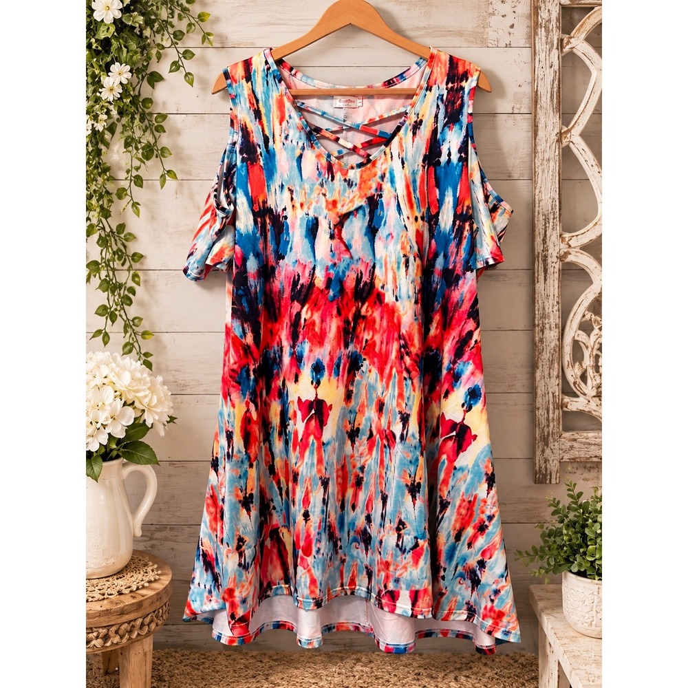 Blue Time Cold Shoulder Lattice Neck Abstract Watercolor Mini Dress XL Pink Blue
